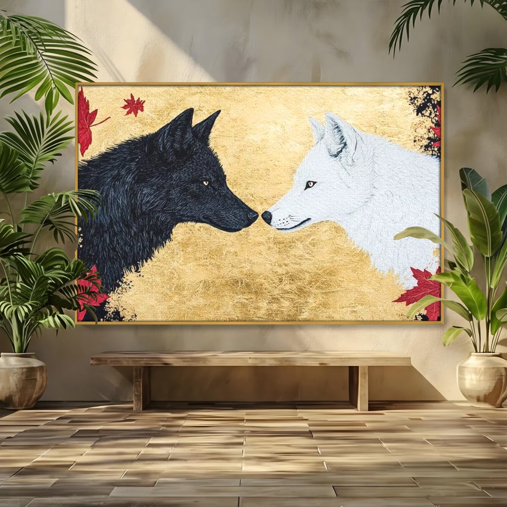 Leinwand Premium Canvas Wandkunst, LuxCanva® M1473, Unter Ahornblättern, Abstrakt, Symmetrie, Spiegel, Wölfe, Paar, Blätter, Golden, Link, Ahorn, Symbolisch, Büro, Wohnen, Kinderzimmer