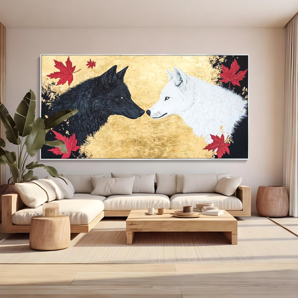 Leinwand Premium Canvas Wandkunst, LuxCanva® M1473, Unter Ahornblättern, Abstrakt, Symmetrie, Spiegel, Wölfe, Paar, Blätter, Golden, Link, Ahorn, Symbolisch, Büro, Wohnen, Kinderzimmer