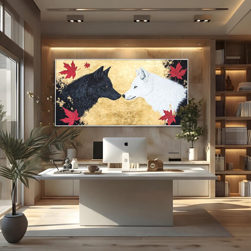 Leinwand Premium Canvas Wandkunst, LuxCanva® M1473, Unter Ahornblättern, Abstrakt, Symmetrie, Spiegel, Wölfe, Paar, Blätter, Golden, Link, Ahorn, Symbolisch, Büro, Wohnen, Kinderzimmer