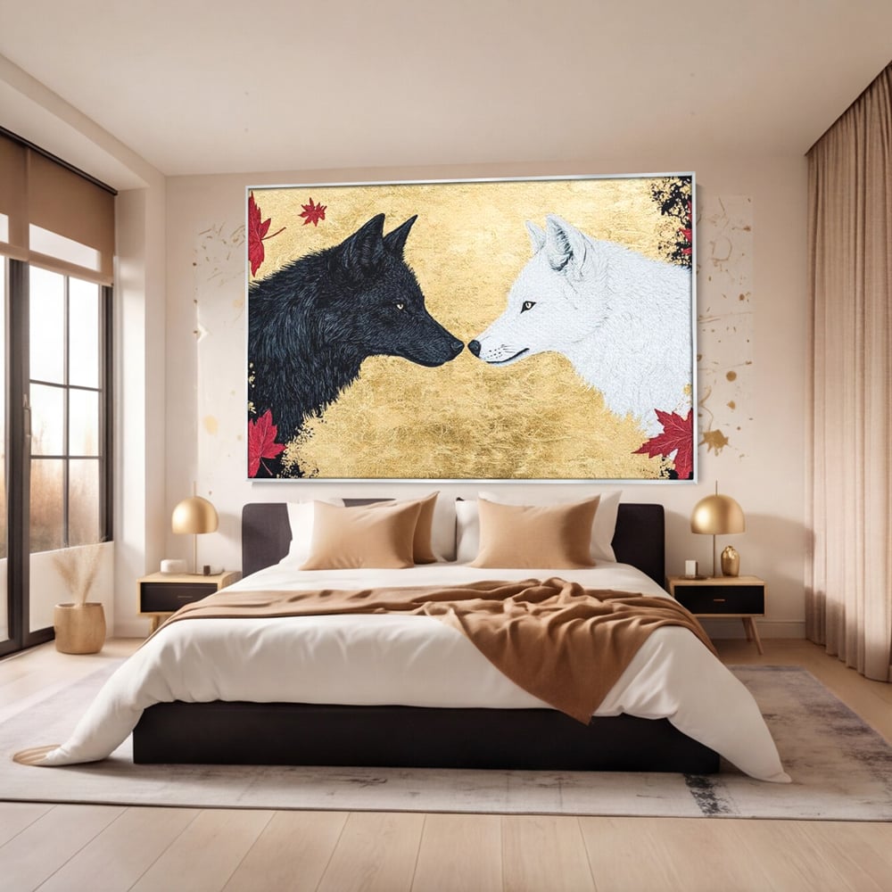 Leinwand Premium Canvas Wandkunst, LuxCanva® M1473, Unter Ahornblättern, Abstrakt, Symmetrie, Spiegel, Wölfe, Paar, Blätter, Golden, Link, Ahorn, Symbolisch, Büro, Wohnen, Kinderzimmer