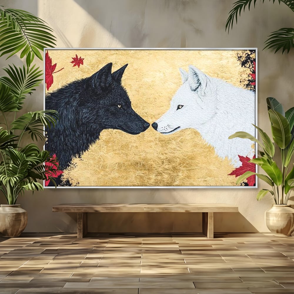 Leinwand Premium Canvas Wandkunst, LuxCanva® M1473, Unter Ahornblättern, Abstrakt, Symmetrie, Spiegel, Wölfe, Paar, Blätter, Golden, Link, Ahorn, Symbolisch, Büro, Wohnen, Kinderzimmer