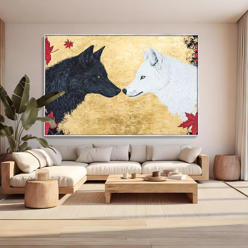 Leinwand Premium Canvas Wandkunst, LuxCanva® M1473, Unter Ahornblättern, Abstrakt, Symmetrie, Spiegel, Wölfe, Paar, Blätter, Golden, Link, Ahorn, Symbolisch, Büro, Wohnen, Kinderzimmer