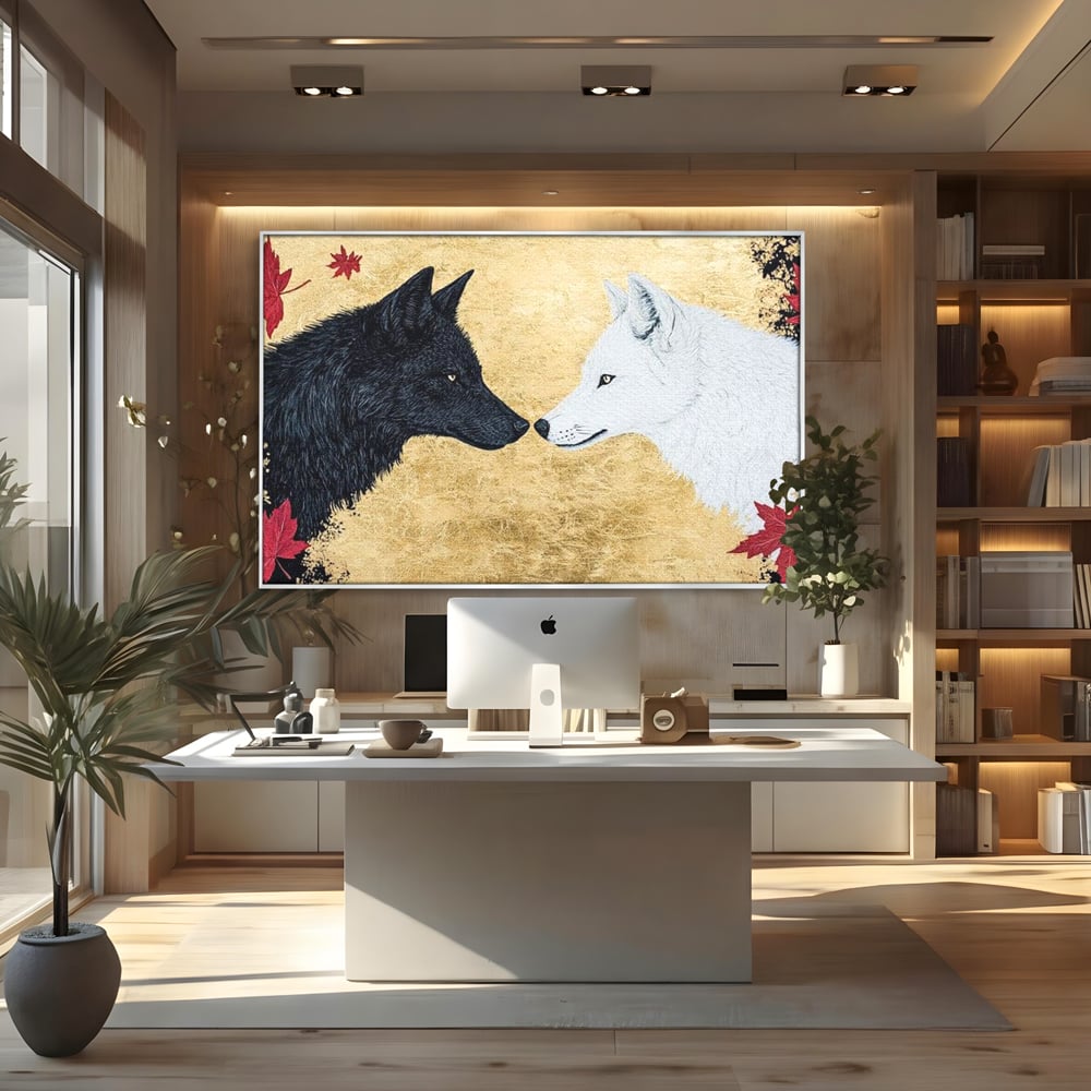 Leinwand Premium Canvas Wandkunst, LuxCanva® M1473, Unter Ahornblättern, Abstrakt, Symmetrie, Spiegel, Wölfe, Paar, Blätter, Golden, Link, Ahorn, Symbolisch, Büro, Wohnen, Kinderzimmer