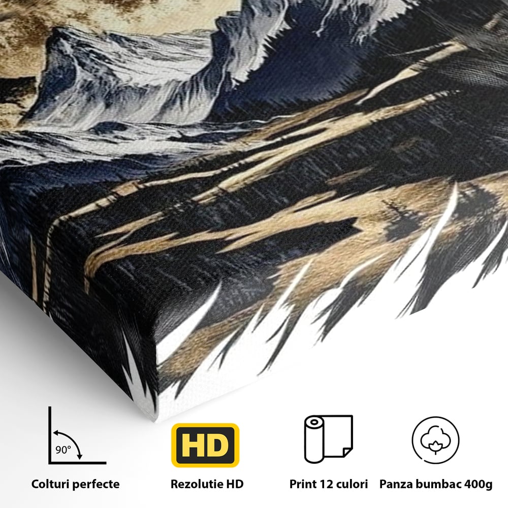 Leinwand Wandkunst Canvas Premium, LuxCanva® M1474, Ruf der Berge, Ruf der Berge, Schrei, Zähne, Zähne, schrill, Wolf, Berge, Landschaft, Dominant, Wild, Natur, Auto, Quadrat, Büro, Wohnzimmer, Kinderzimmer