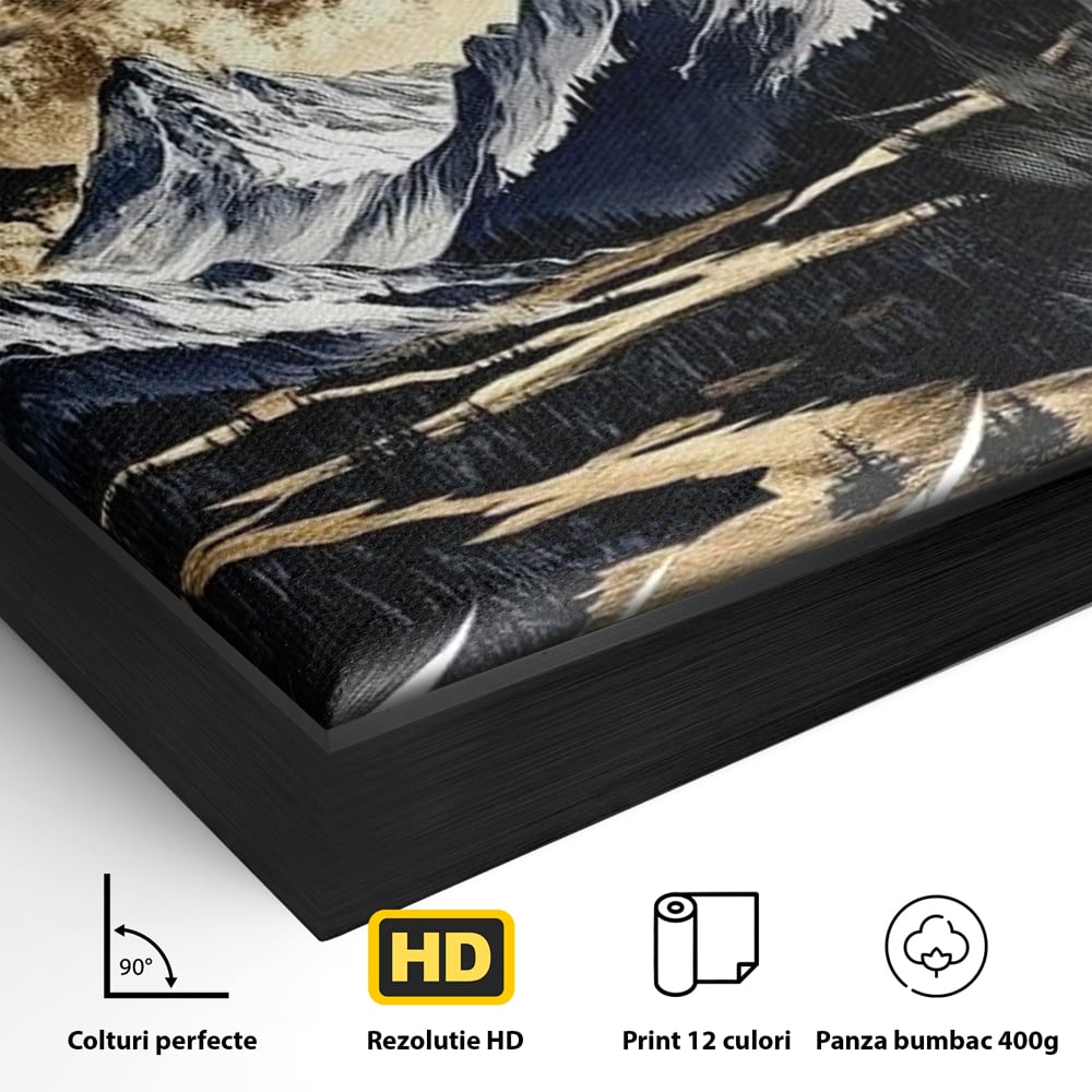 Leinwand Wandkunst Canvas Premium, LuxCanva® M1474, Ruf der Berge, Ruf der Berge, Schrei, Zähne, Zähne, schrill, Wolf, Berge, Landschaft, Dominant, Wild, Natur, Auto, Quadrat, Büro, Wohnzimmer, Kinderzimmer