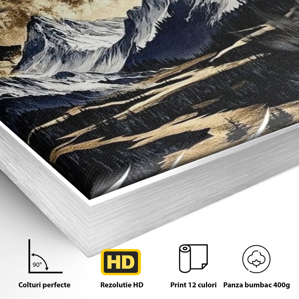 Leinwand Wandkunst Canvas Premium, LuxCanva® M1474, Ruf der Berge, Ruf der Berge, Schrei, Zähne, Zähne, schrill, Wolf, Berge, Landschaft, Dominant, Wild, Natur, Auto, Quadrat, Büro, Wohnzimmer, Kinderzimmer
