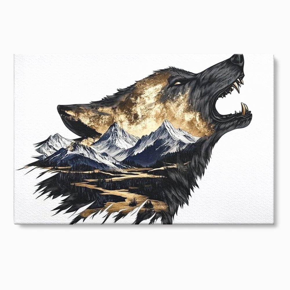 Leinwand Wandkunst Canvas Premium, LuxCanva® M1474, Ruf der Berge, Ruf der Berge, Schrei, Zähne, Zähne, schrill, Wolf, Berge, Landschaft, Dominant, Wild, Natur, Auto, Quadrat, Büro, Wohnzimmer, Kinderzimmer