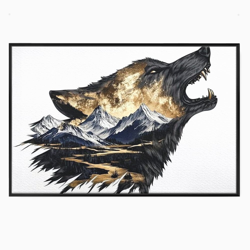Leinwand Wandkunst Canvas Premium, LuxCanva® M1474, Ruf der Berge, Ruf der Berge, Schrei, Zähne, Zähne, schrill, Wolf, Berge, Landschaft, Dominant, Wild, Natur, Auto, Quadrat, Büro, Wohnzimmer, Kinderzimmer