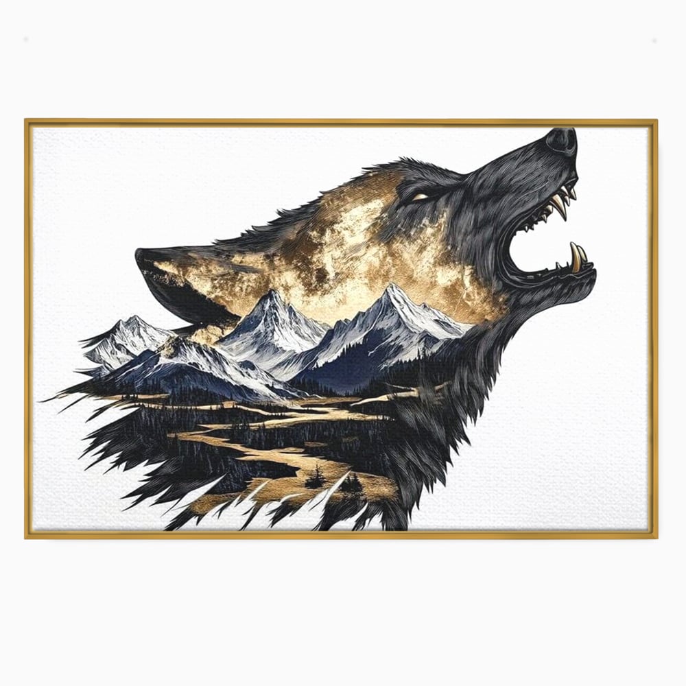 Leinwand Wandkunst Canvas Premium, LuxCanva® M1474, Ruf der Berge, Ruf der Berge, Schrei, Zähne, Zähne, schrill, Wolf, Berge, Landschaft, Dominant, Wild, Natur, Auto, Quadrat, Büro, Wohnzimmer, Kinderzimmer
