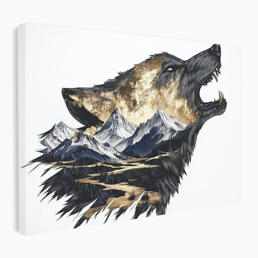 Leinwand Wandkunst Canvas Premium, LuxCanva® M1474, Ruf der Berge, Ruf der Berge, Schrei, Zähne, Zähne, schrill, Wolf, Berge, Landschaft, Dominant, Wild, Natur, Auto, Quadrat, Büro, Wohnzimmer, Kinderzimmer