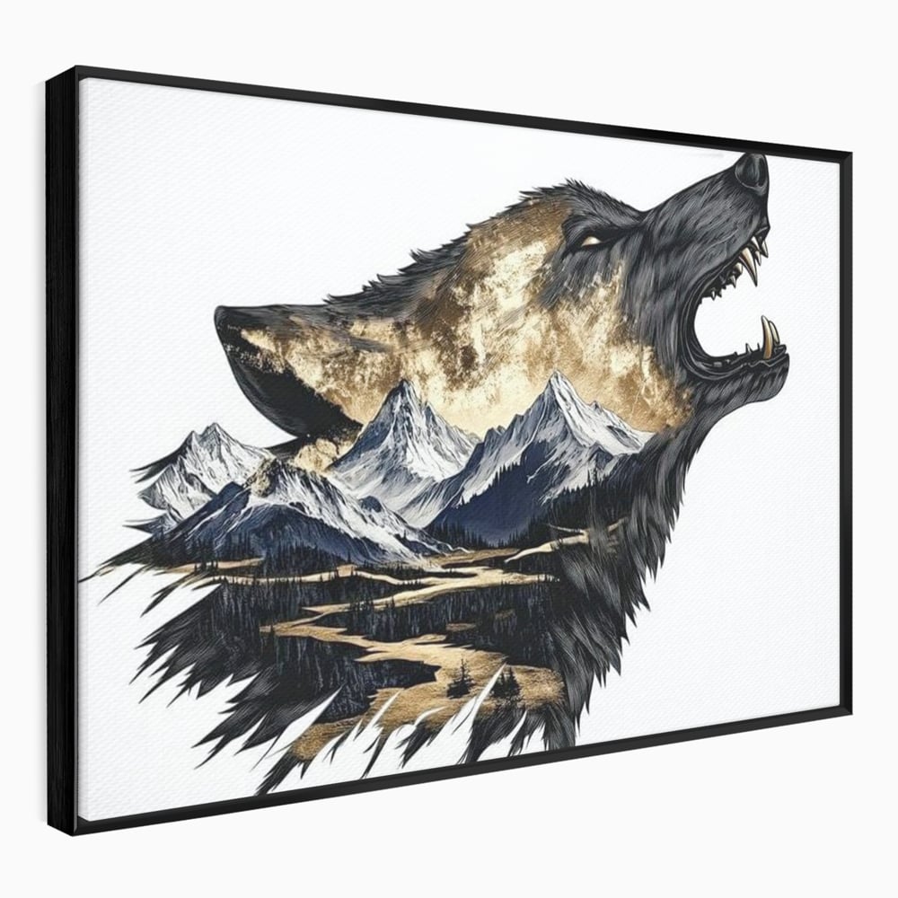 Leinwand Wandkunst Canvas Premium, LuxCanva® M1474, Ruf der Berge, Ruf der Berge, Schrei, Zähne, Zähne, schrill, Wolf, Berge, Landschaft, Dominant, Wild, Natur, Auto, Quadrat, Büro, Wohnzimmer, Kinderzimmer