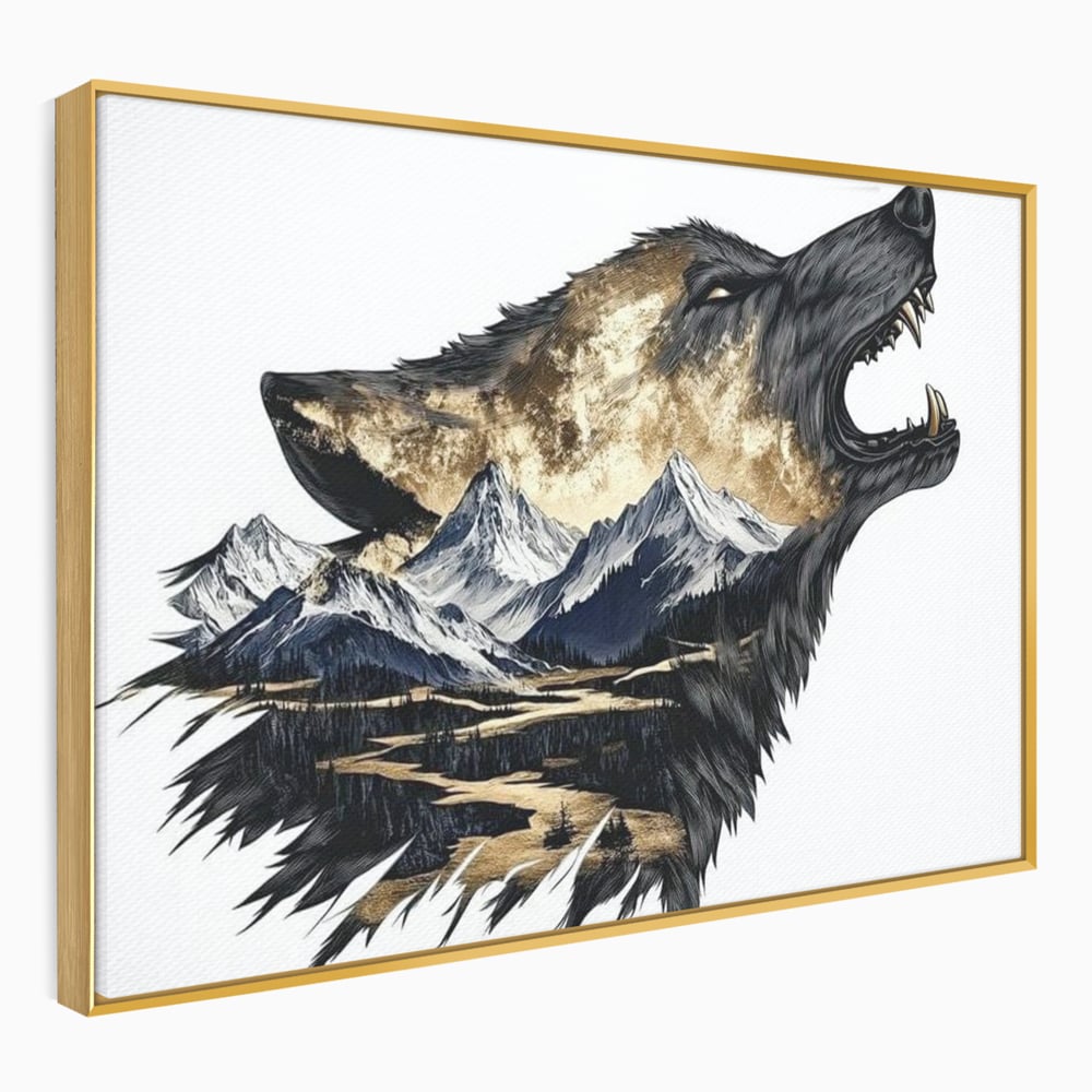 Leinwand Wandkunst Canvas Premium, LuxCanva® M1474, Ruf der Berge, Ruf der Berge, Schrei, Zähne, Zähne, schrill, Wolf, Berge, Landschaft, Dominant, Wild, Natur, Auto, Quadrat, Büro, Wohnzimmer, Kinderzimmer