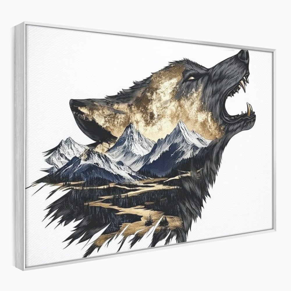 Leinwand Wandkunst Canvas Premium, LuxCanva® M1474, Ruf der Berge, Ruf der Berge, Schrei, Zähne, Zähne, schrill, Wolf, Berge, Landschaft, Dominant, Wild, Natur, Auto, Quadrat, Büro, Wohnzimmer, Kinderzimmer