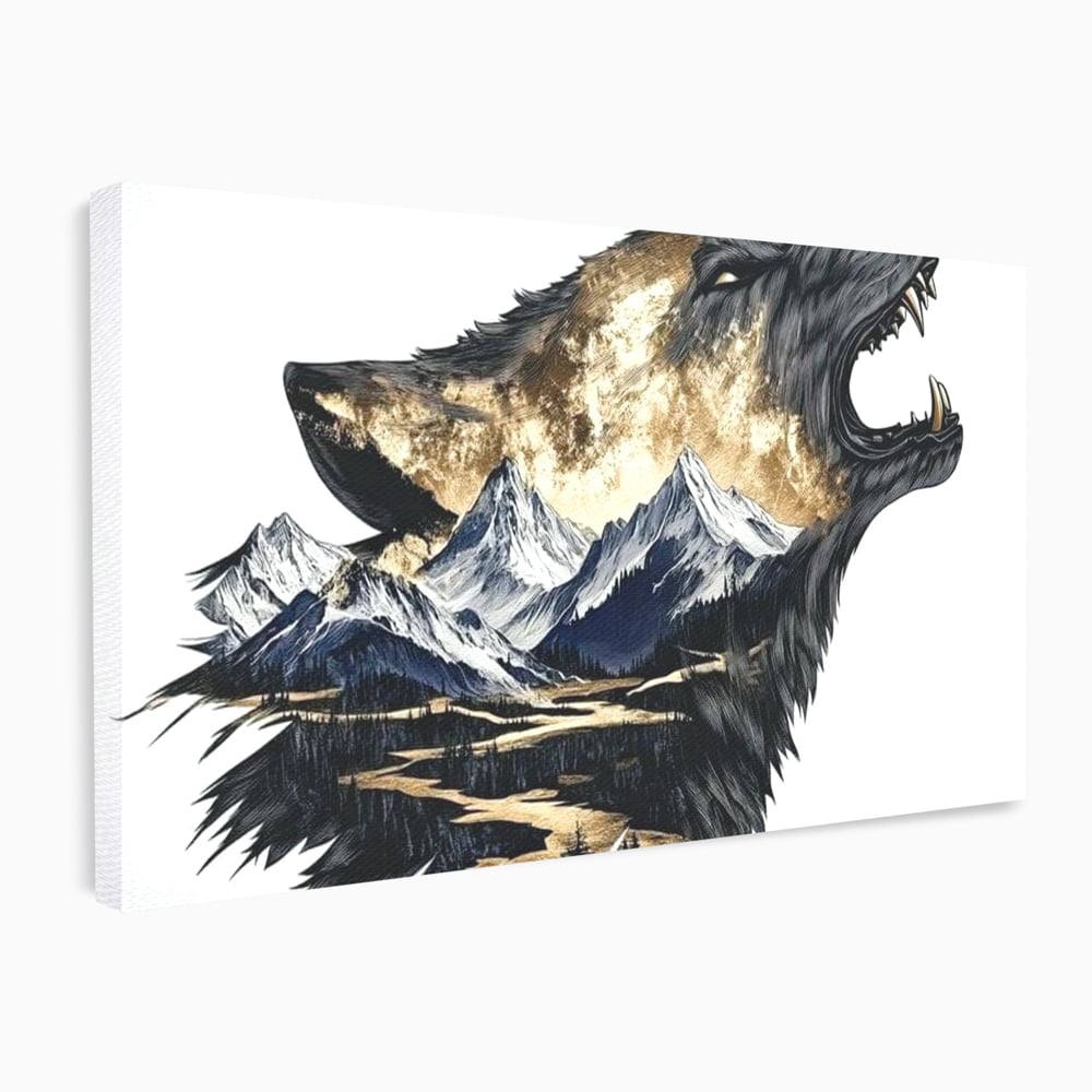 Leinwand Wandkunst Canvas Premium, LuxCanva® M1474, Ruf der Berge, Ruf der Berge, Schrei, Zähne, Zähne, schrill, Wolf, Berge, Landschaft, Dominant, Wild, Natur, Auto, Quadrat, Büro, Wohnzimmer, Kinderzimmer