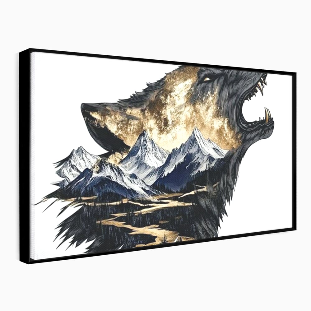 Leinwand Wandkunst Canvas Premium, LuxCanva® M1474, Ruf der Berge, Ruf der Berge, Schrei, Zähne, Zähne, schrill, Wolf, Berge, Landschaft, Dominant, Wild, Natur, Auto, Quadrat, Büro, Wohnzimmer, Kinderzimmer