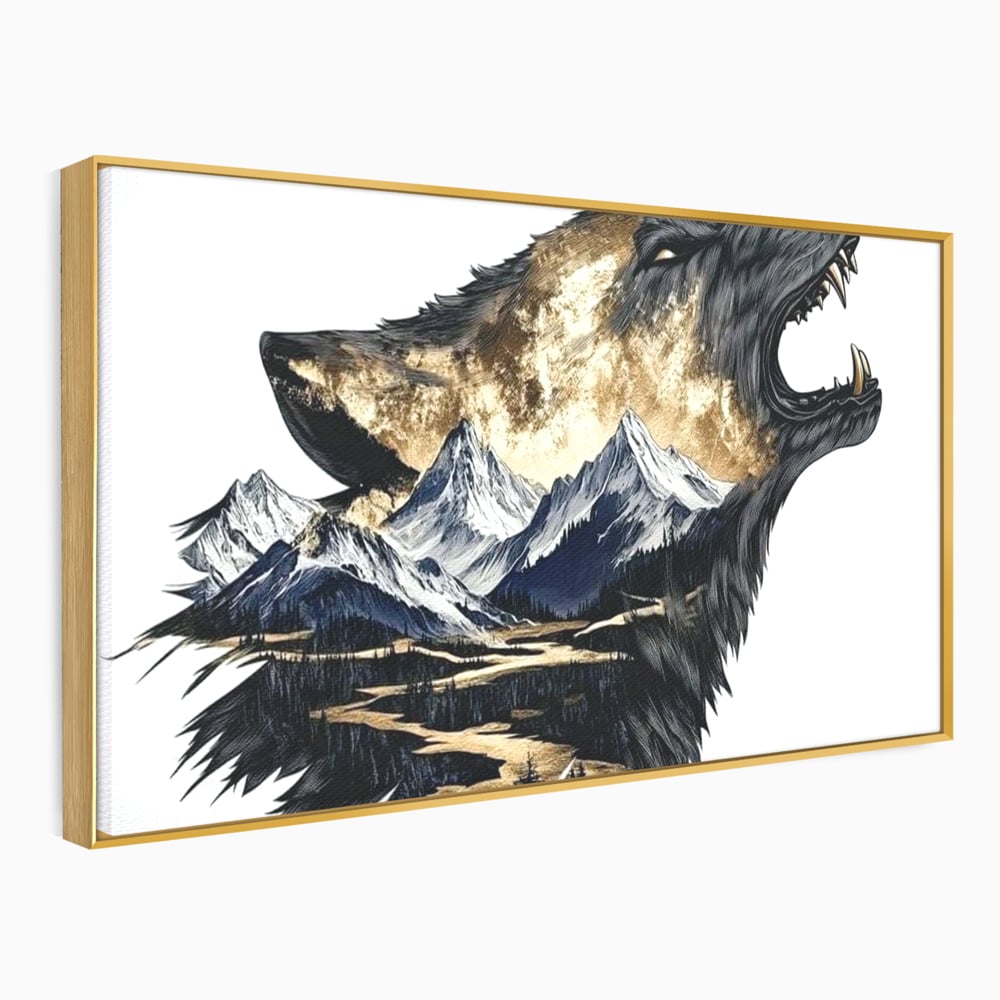 Leinwand Wandkunst Canvas Premium, LuxCanva® M1474, Ruf der Berge, Ruf der Berge, Schrei, Zähne, Zähne, schrill, Wolf, Berge, Landschaft, Dominant, Wild, Natur, Auto, Quadrat, Büro, Wohnzimmer, Kinderzimmer