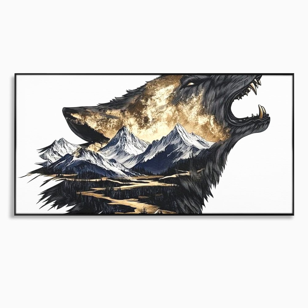 Leinwand Wandkunst Canvas Premium, LuxCanva® M1474, Ruf der Berge, Ruf der Berge, Schrei, Zähne, Zähne, schrill, Wolf, Berge, Landschaft, Dominant, Wild, Natur, Auto, Quadrat, Büro, Wohnzimmer, Kinderzimmer