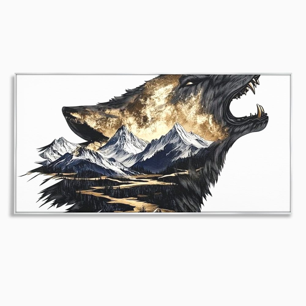 Leinwand Wandkunst Canvas Premium, LuxCanva® M1474, Ruf der Berge, Ruf der Berge, Schrei, Zähne, Zähne, schrill, Wolf, Berge, Landschaft, Dominant, Wild, Natur, Auto, Quadrat, Büro, Wohnzimmer, Kinderzimmer
