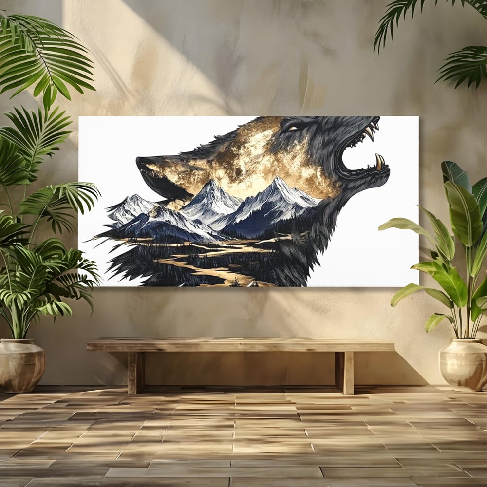 Leinwand Wandkunst Canvas Premium, LuxCanva® M1474, Ruf der Berge, Ruf der Berge, Schrei, Zähne, Zähne, schrill, Wolf, Berge, Landschaft, Dominant, Wild, Natur, Auto, Quadrat, Büro, Wohnzimmer, Kinderzimmer