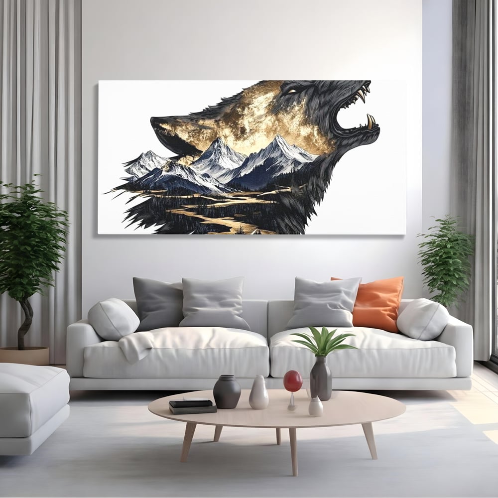 Leinwand Wandkunst Canvas Premium, LuxCanva® M1474, Ruf der Berge, Ruf der Berge, Schrei, Zähne, Zähne, schrill, Wolf, Berge, Landschaft, Dominant, Wild, Natur, Auto, Quadrat, Büro, Wohnzimmer, Kinderzimmer