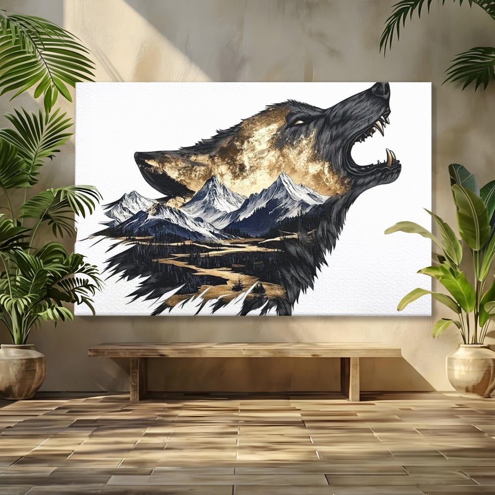 Leinwand Wandkunst Canvas Premium, LuxCanva® M1474, Ruf der Berge, Ruf der Berge, Schrei, Zähne, Zähne, schrill, Wolf, Berge, Landschaft, Dominant, Wild, Natur, Auto, Quadrat, Büro, Wohnzimmer, Kinderzimmer