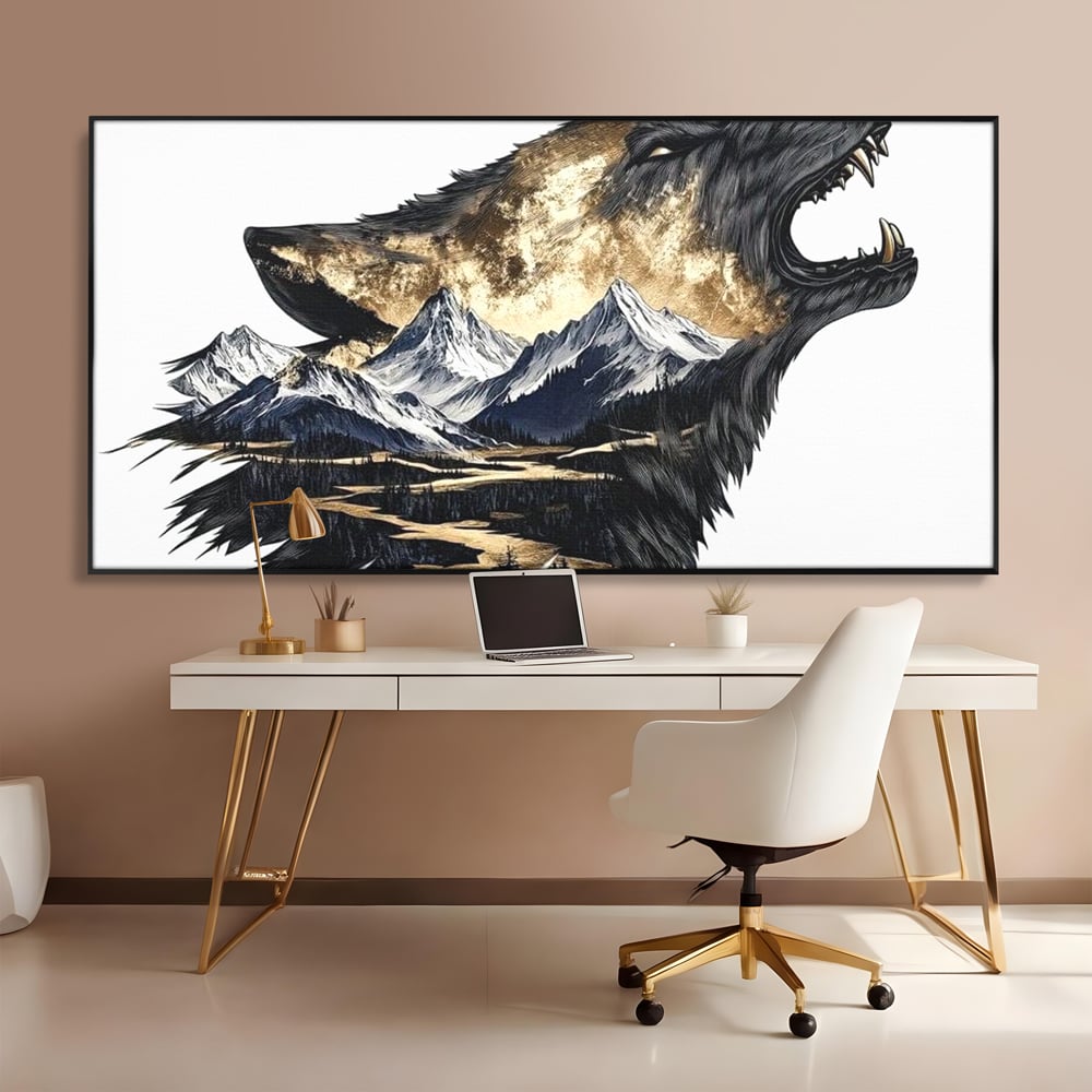 Leinwand Wandkunst Canvas Premium, LuxCanva® M1474, Ruf der Berge, Ruf der Berge, Schrei, Zähne, Zähne, schrill, Wolf, Berge, Landschaft, Dominant, Wild, Natur, Auto, Quadrat, Büro, Wohnzimmer, Kinderzimmer