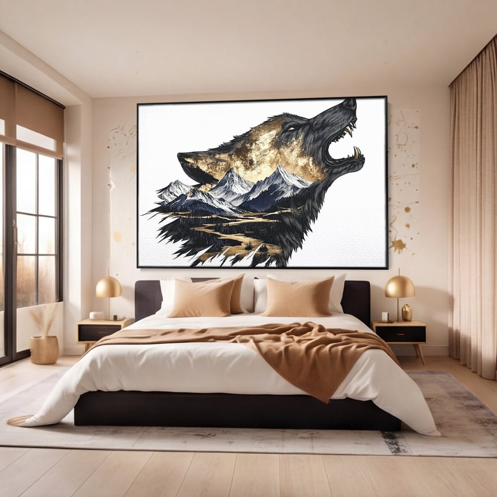 Leinwand Wandkunst Canvas Premium, LuxCanva® M1474, Ruf der Berge, Ruf der Berge, Schrei, Zähne, Zähne, schrill, Wolf, Berge, Landschaft, Dominant, Wild, Natur, Auto, Quadrat, Büro, Wohnzimmer, Kinderzimmer