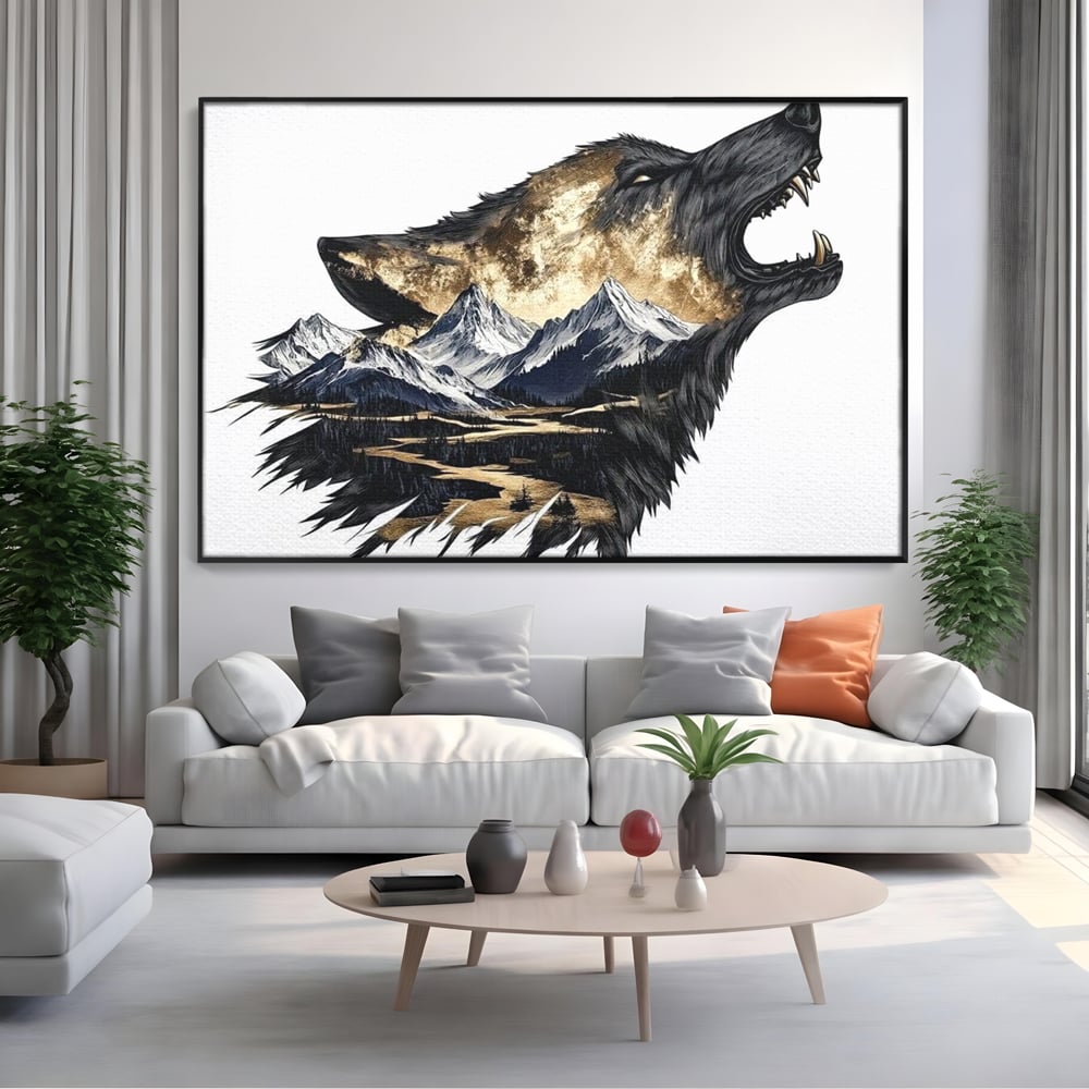 Leinwand Wandkunst Canvas Premium, LuxCanva® M1474, Ruf der Berge, Ruf der Berge, Schrei, Zähne, Zähne, schrill, Wolf, Berge, Landschaft, Dominant, Wild, Natur, Auto, Quadrat, Büro, Wohnzimmer, Kinderzimmer