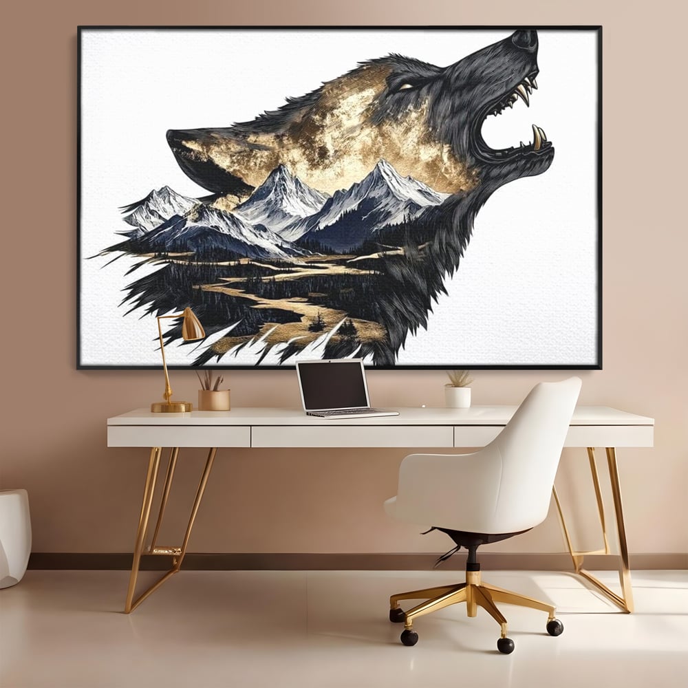 Leinwand Wandkunst Canvas Premium, LuxCanva® M1474, Ruf der Berge, Ruf der Berge, Schrei, Zähne, Zähne, schrill, Wolf, Berge, Landschaft, Dominant, Wild, Natur, Auto, Quadrat, Büro, Wohnzimmer, Kinderzimmer