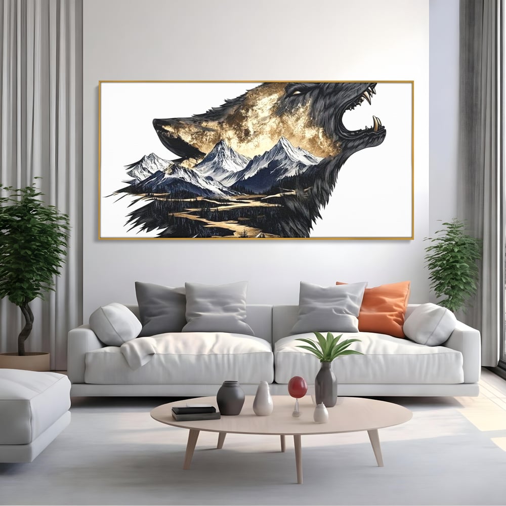 Leinwand Wandkunst Canvas Premium, LuxCanva® M1474, Ruf der Berge, Ruf der Berge, Schrei, Zähne, Zähne, schrill, Wolf, Berge, Landschaft, Dominant, Wild, Natur, Auto, Quadrat, Büro, Wohnzimmer, Kinderzimmer