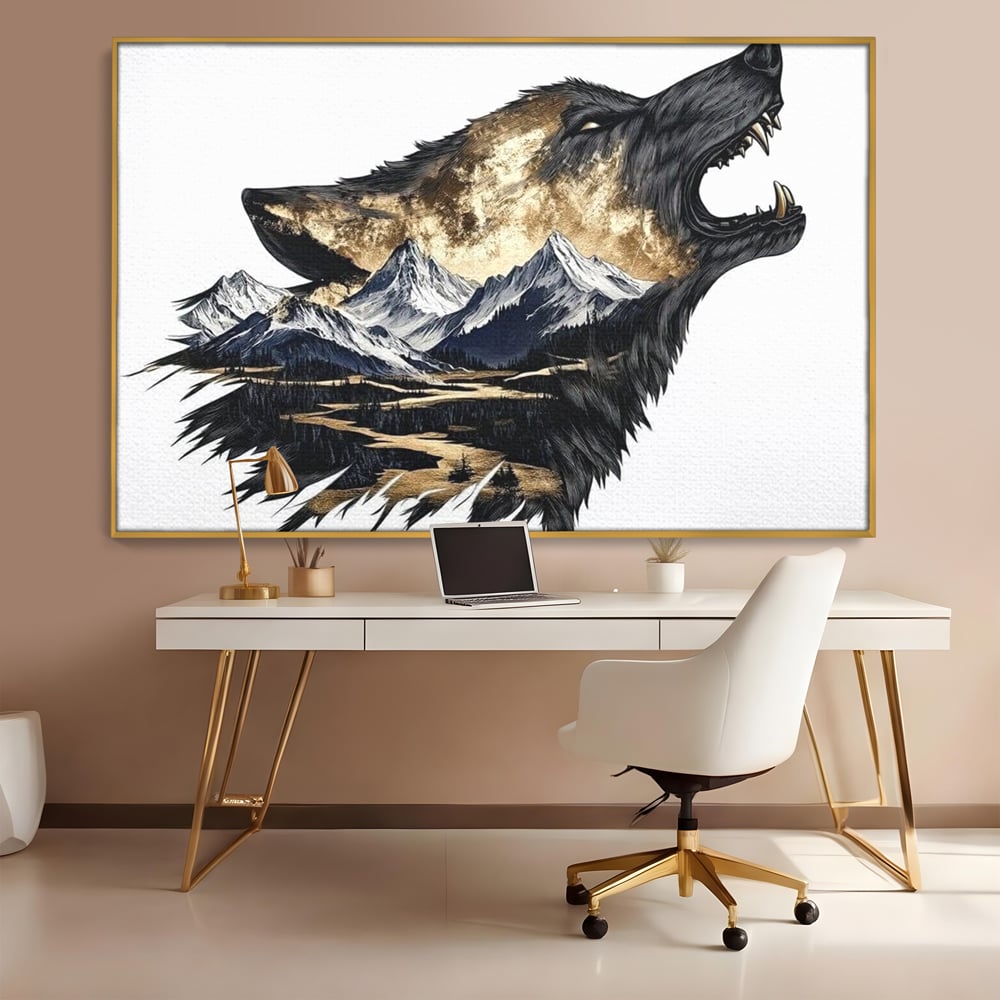 Leinwand Wandkunst Canvas Premium, LuxCanva® M1474, Ruf der Berge, Ruf der Berge, Schrei, Zähne, Zähne, schrill, Wolf, Berge, Landschaft, Dominant, Wild, Natur, Auto, Quadrat, Büro, Wohnzimmer, Kinderzimmer