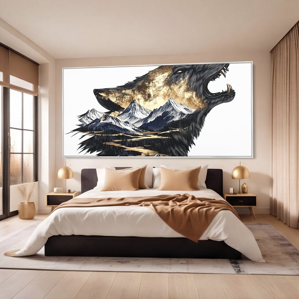 Leinwand Wandkunst Canvas Premium, LuxCanva® M1474, Ruf der Berge, Ruf der Berge, Schrei, Zähne, Zähne, schrill, Wolf, Berge, Landschaft, Dominant, Wild, Natur, Auto, Quadrat, Büro, Wohnzimmer, Kinderzimmer
