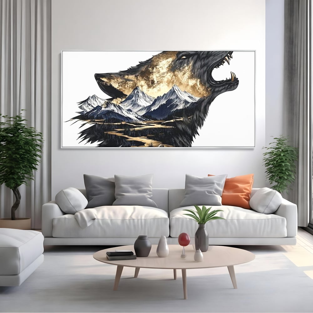 Leinwand Wandkunst Canvas Premium, LuxCanva® M1474, Ruf der Berge, Ruf der Berge, Schrei, Zähne, Zähne, schrill, Wolf, Berge, Landschaft, Dominant, Wild, Natur, Auto, Quadrat, Büro, Wohnzimmer, Kinderzimmer