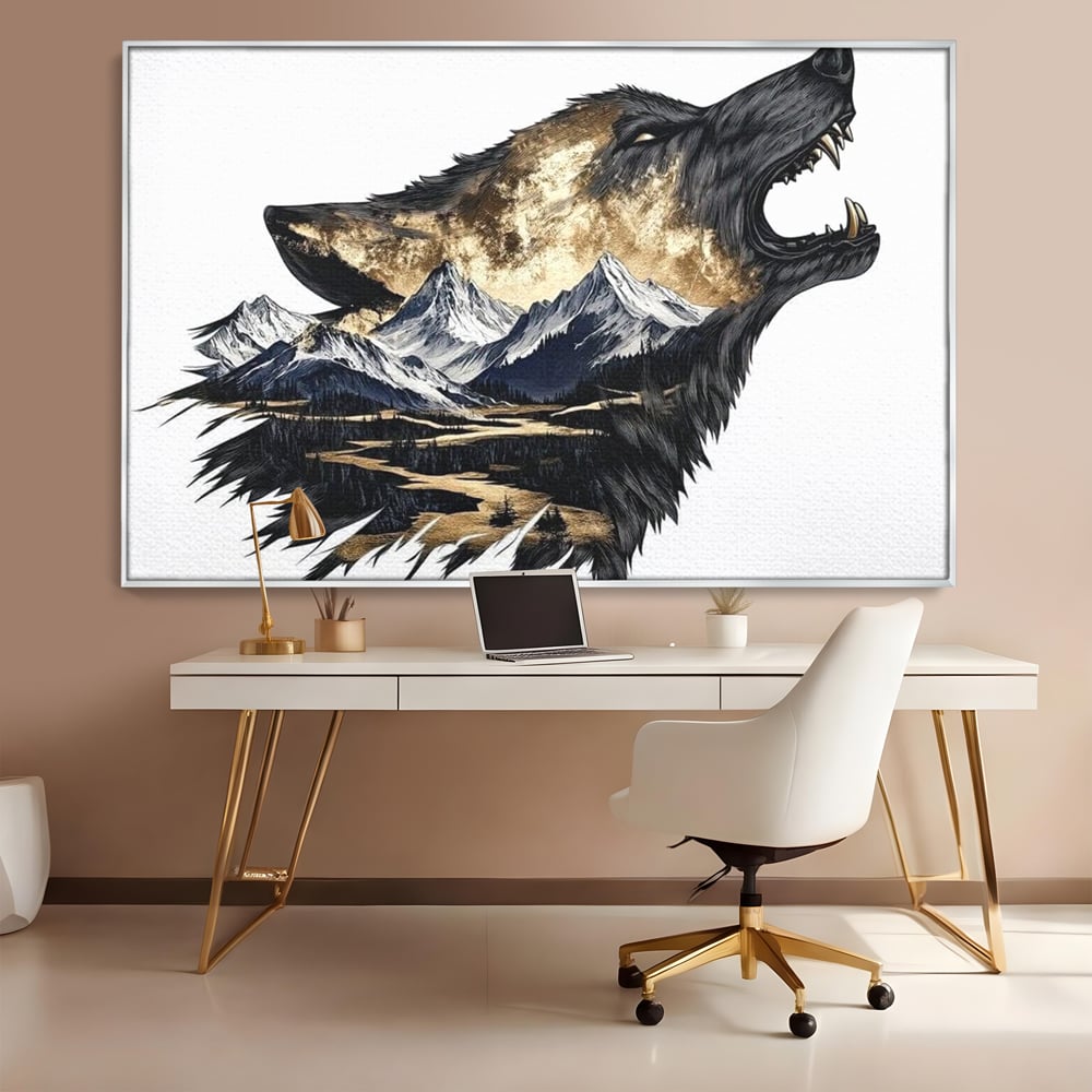Leinwand Wandkunst Canvas Premium, LuxCanva® M1474, Ruf der Berge, Ruf der Berge, Schrei, Zähne, Zähne, schrill, Wolf, Berge, Landschaft, Dominant, Wild, Natur, Auto, Quadrat, Büro, Wohnzimmer, Kinderzimmer