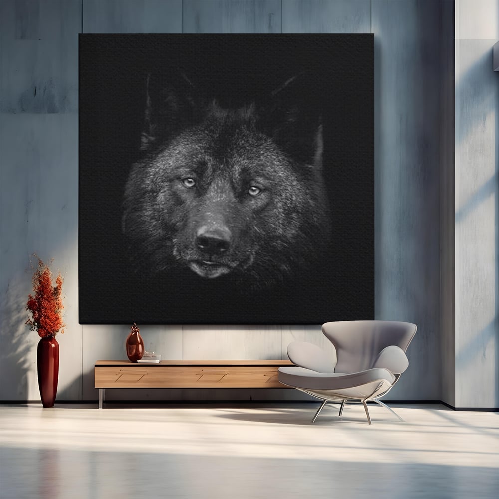 Tablou Canvas Premium, LuxCanva® M1475, Ascuns in Noapte, Lup, Portret, Umbra, Alb si Negru, Abis, Intuneric, Instinct, Vigilent, Vanator, Birou, Living, Camera Copil