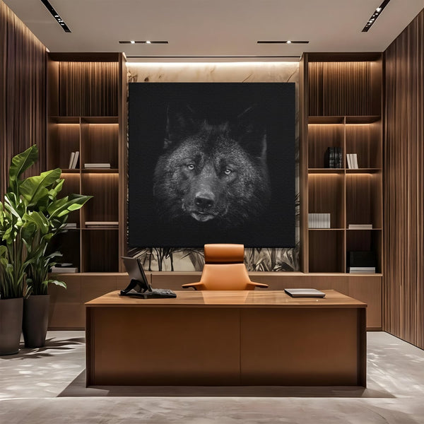 Tablou Canvas Premium, LuxCanva® M1475, Ascuns in Noapte, Lup, Portret, Umbra, Alb si Negru, Abis, Intuneric, Instinct, Vigilent, Vanator, Birou, Living, Camera Copil