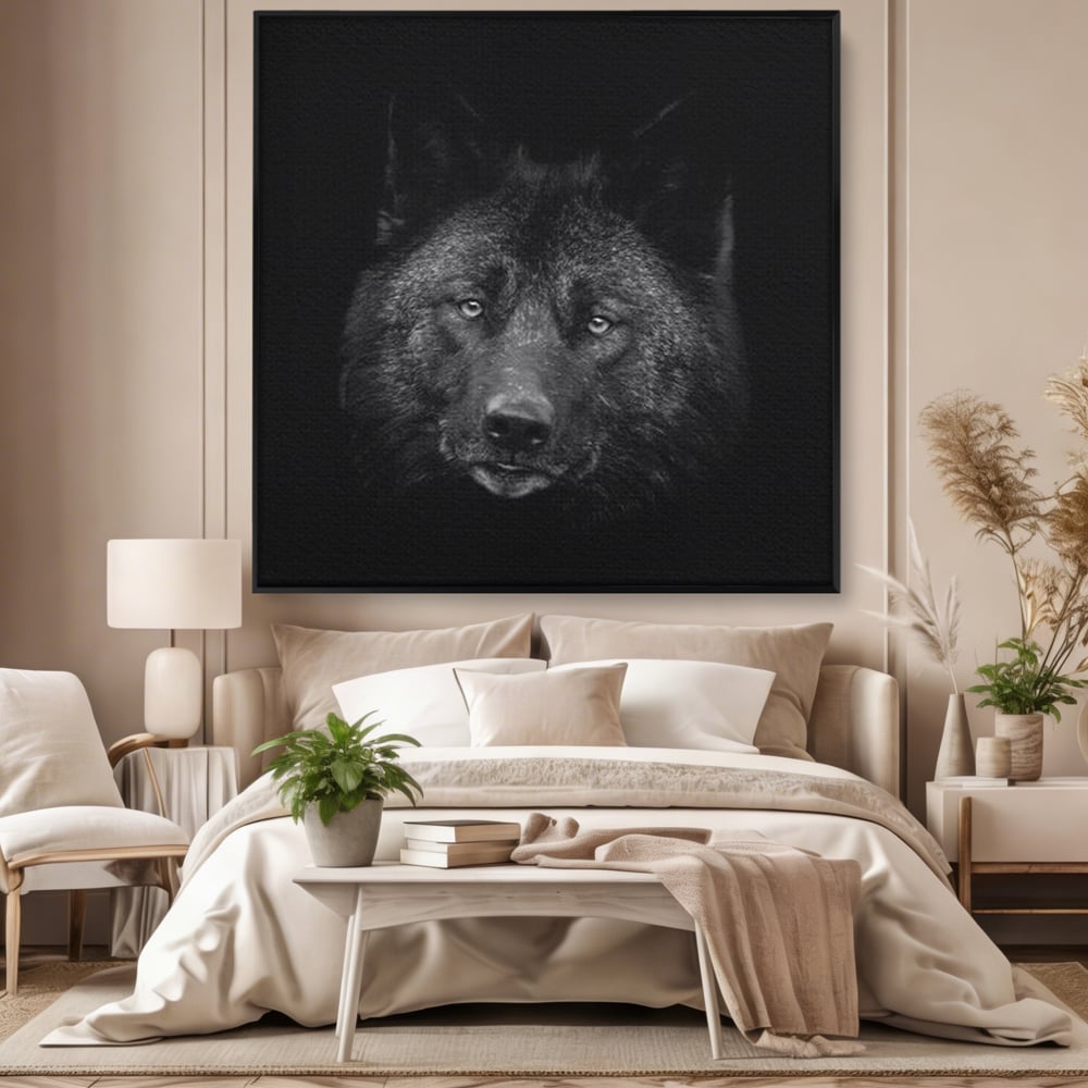 Tablou Canvas Premium, LuxCanva® M1475, Ascuns in Noapte, Lup, Portret, Umbra, Alb si Negru, Abis, Intuneric, Instinct, Vigilent, Vanator, Birou, Living, Camera Copil