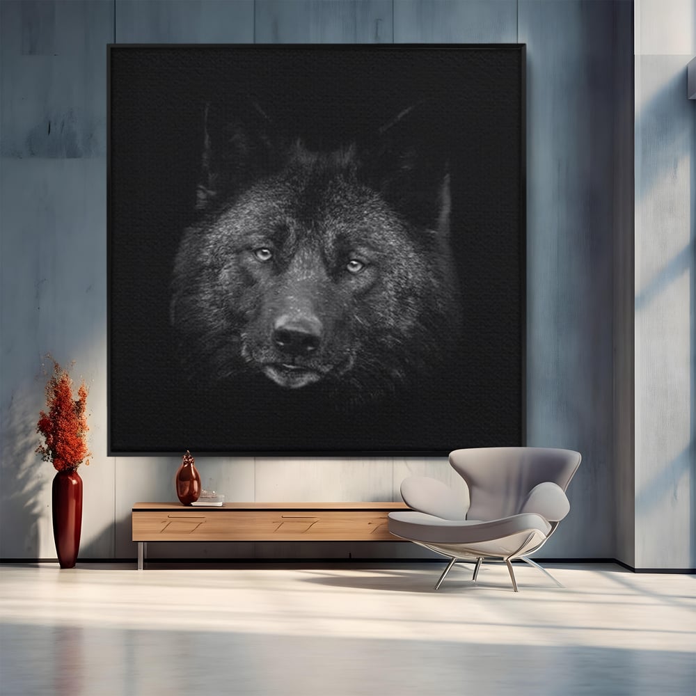 Tablou Canvas Premium, LuxCanva® M1475, Ascuns in Noapte, Lup, Portret, Umbra, Alb si Negru, Abis, Intuneric, Instinct, Vigilent, Vanator, Birou, Living, Camera Copil