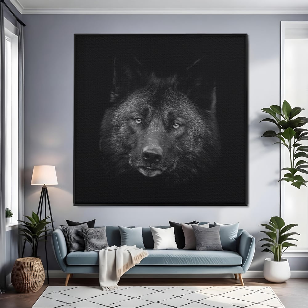 Tablou Canvas Premium, LuxCanva® M1475, Ascuns in Noapte, Lup, Portret, Umbra, Alb si Negru, Abis, Intuneric, Instinct, Vigilent, Vanator, Birou, Living, Camera Copil