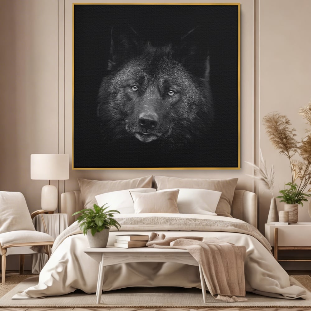 Tablou Canvas Premium, LuxCanva® M1475, Ascuns in Noapte, Lup, Portret, Umbra, Alb si Negru, Abis, Intuneric, Instinct, Vigilent, Vanator, Birou, Living, Camera Copil