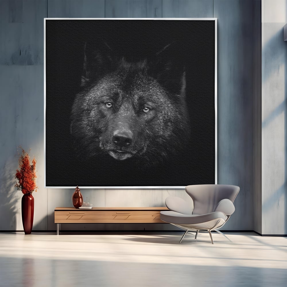 Tablou Canvas Premium, LuxCanva® M1475, Ascuns in Noapte, Lup, Portret, Umbra, Alb si Negru, Abis, Intuneric, Instinct, Vigilent, Vanator, Birou, Living, Camera Copil