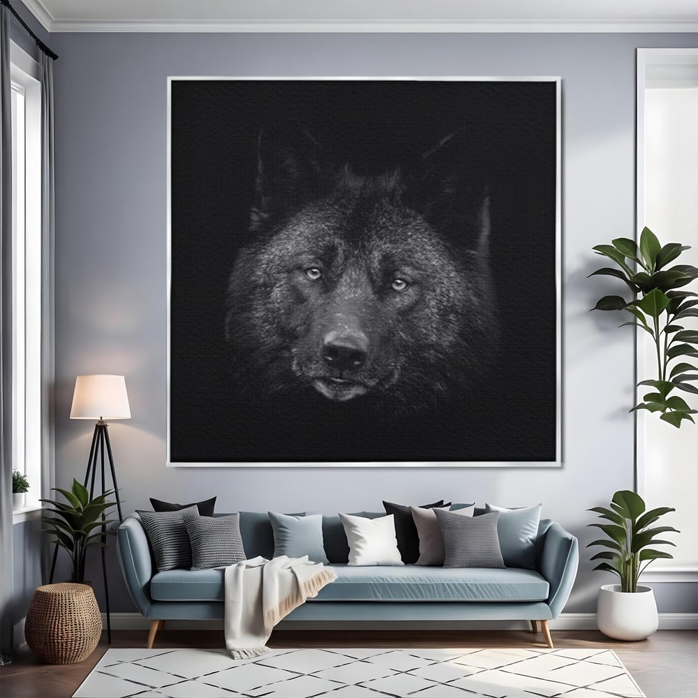Tablou Canvas Premium, LuxCanva® M1475, Ascuns in Noapte, Lup, Portret, Umbra, Alb si Negru, Abis, Intuneric, Instinct, Vigilent, Vanator, Birou, Living, Camera Copil