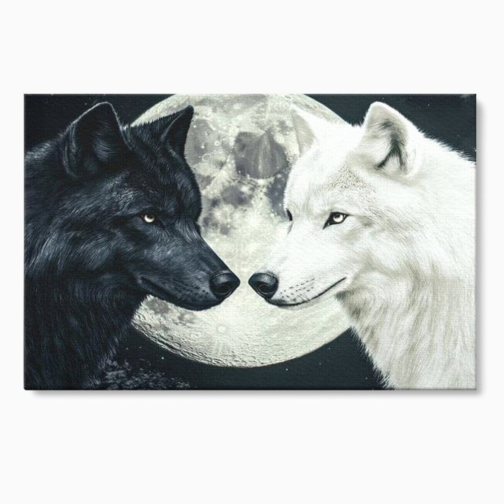 Tablou Canvas Premium, LuxCanva® M1476, Uniune sub Luna, Luna Plina, Stele, Noapte, Lupi, Pereche, Legatura, Impreuna, Destin, Contrast, Dualitate, Birou, Living, Camera Copil