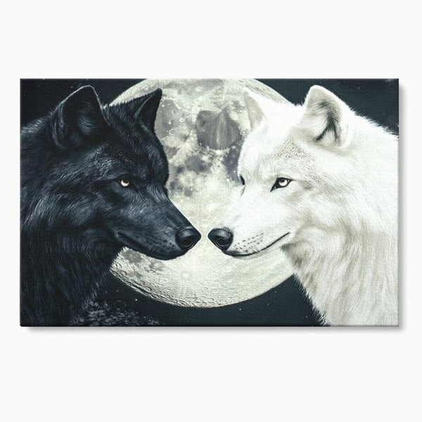 Tablou Canvas Premium, LuxCanva® M1476, Uniune sub Luna, Luna Plina, Stele, Noapte, Lupi, Pereche, Legatura, Impreuna, Destin, Contrast, Dualitate, Birou, Living, Camera Copil