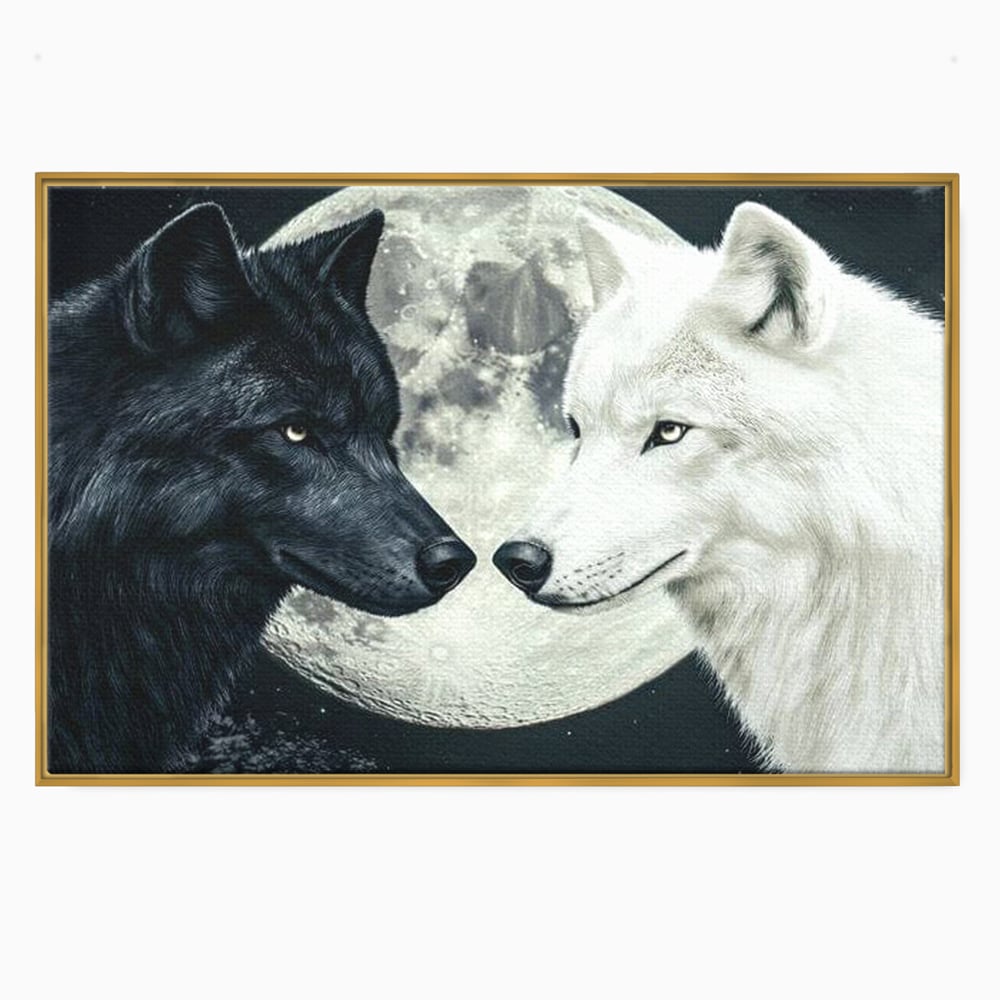 Tablou Canvas Premium, LuxCanva® M1476, Uniune sub Luna, Luna Plina, Stele, Noapte, Lupi, Pereche, Legatura, Impreuna, Destin, Contrast, Dualitate, Birou, Living, Camera Copil