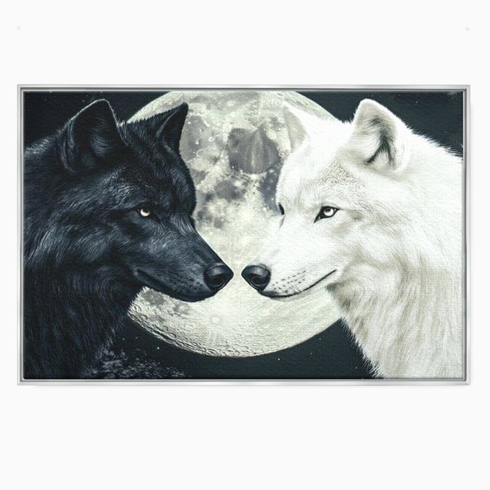 Tablou Canvas Premium, LuxCanva® M1476, Uniune sub Luna, Luna Plina, Stele, Noapte, Lupi, Pereche, Legatura, Impreuna, Destin, Contrast, Dualitate, Birou, Living, Camera Copil