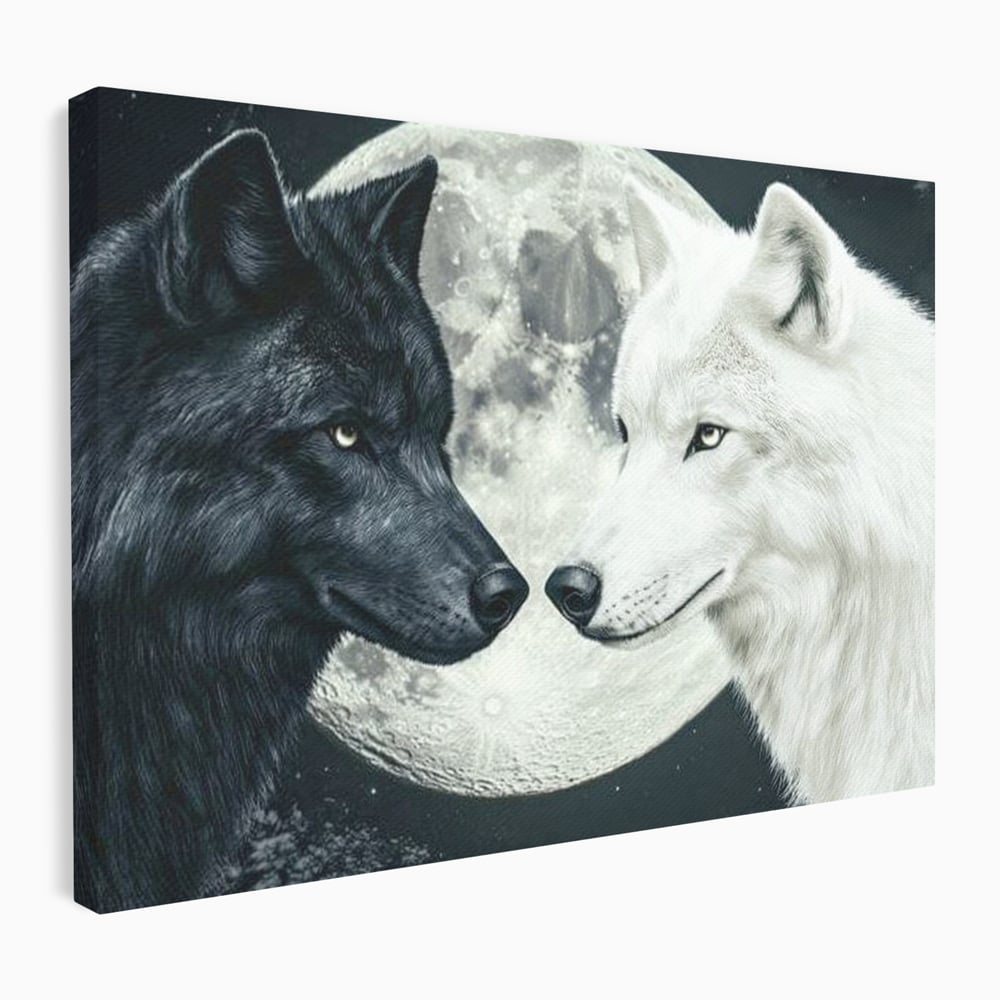 Tablou Canvas Premium, LuxCanva® M1476, Uniune sub Luna, Luna Plina, Stele, Noapte, Lupi, Pereche, Legatura, Impreuna, Destin, Contrast, Dualitate, Birou, Living, Camera Copil
