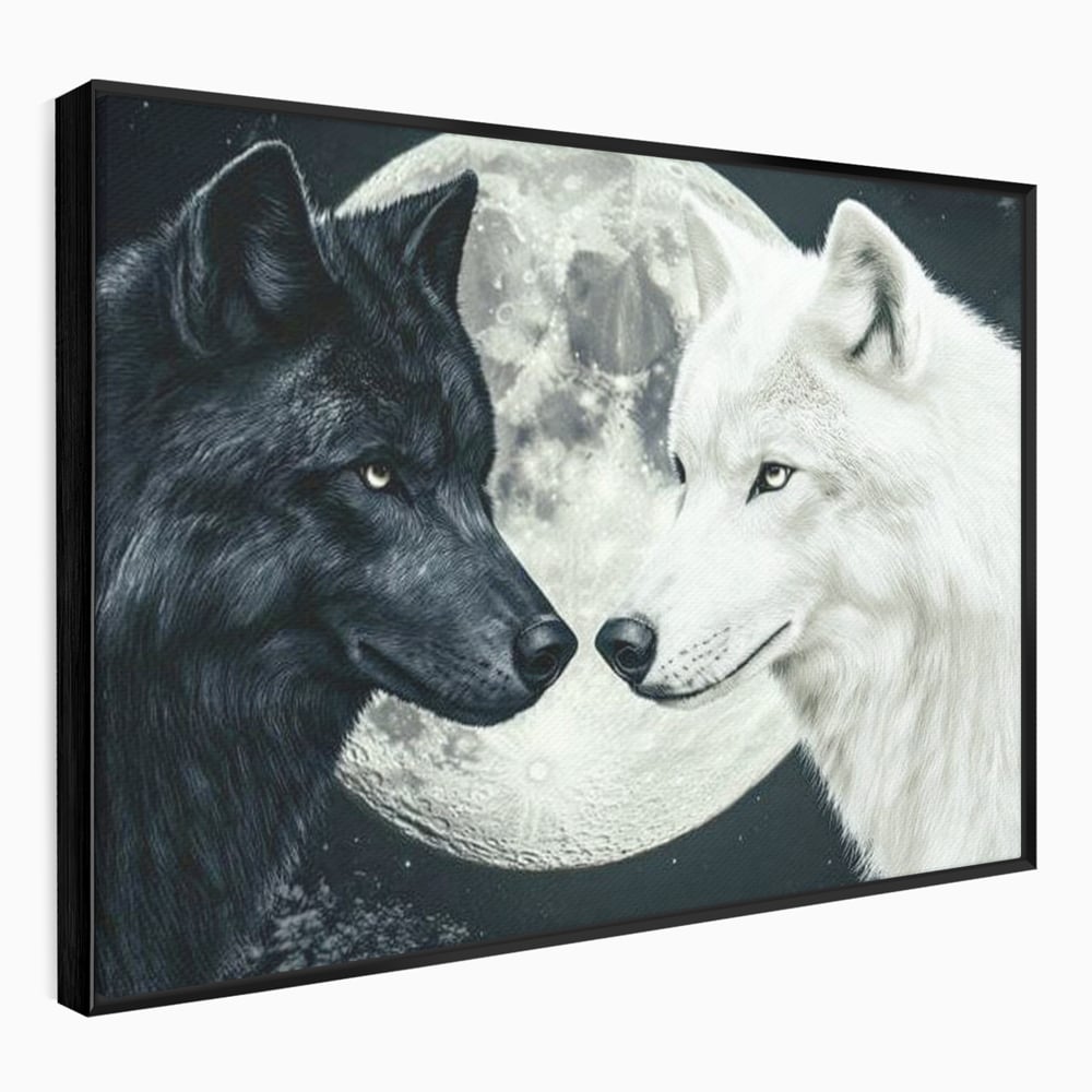 Tablou Canvas Premium, LuxCanva® M1476, Uniune sub Luna, Luna Plina, Stele, Noapte, Lupi, Pereche, Legatura, Impreuna, Destin, Contrast, Dualitate, Birou, Living, Camera Copil