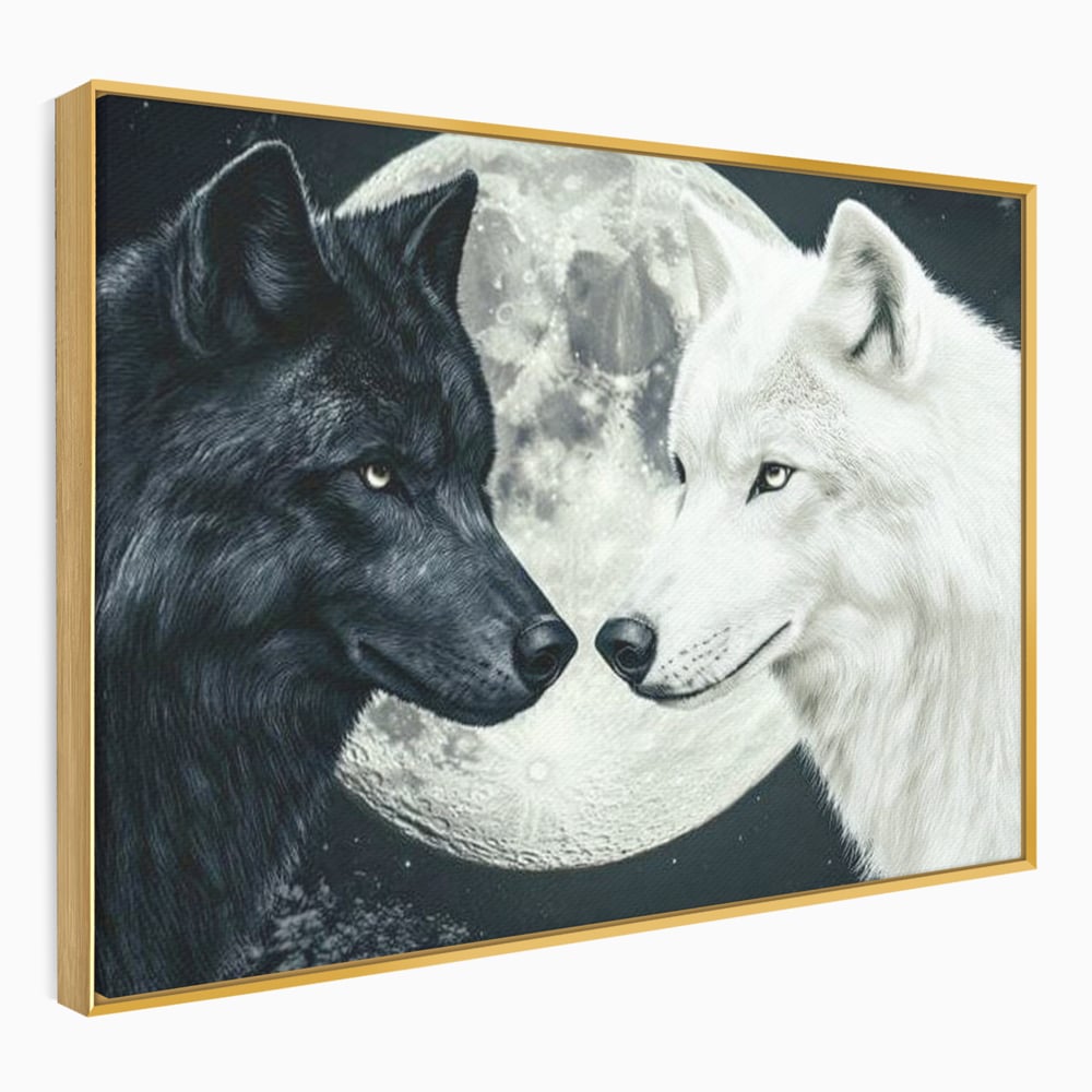 Tablou Canvas Premium, LuxCanva® M1476, Uniune sub Luna, Luna Plina, Stele, Noapte, Lupi, Pereche, Legatura, Impreuna, Destin, Contrast, Dualitate, Birou, Living, Camera Copil