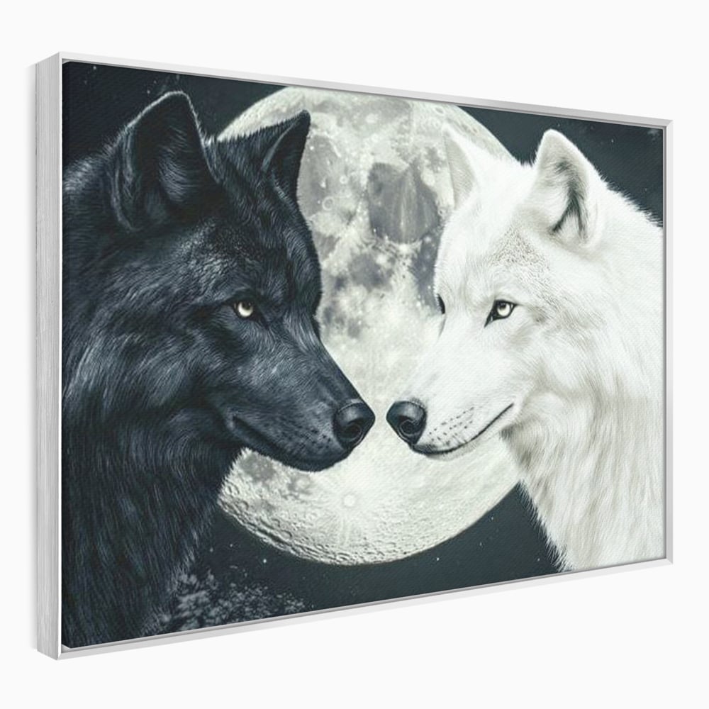 Tablou Canvas Premium, LuxCanva® M1476, Uniune sub Luna, Luna Plina, Stele, Noapte, Lupi, Pereche, Legatura, Impreuna, Destin, Contrast, Dualitate, Birou, Living, Camera Copil